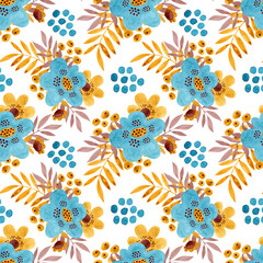 Obraz na płótnie Canvas Watercolor, seamless pattern. Compositions of blue and yellow flowers and leaves.
