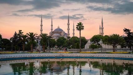 Panoramic photo of The Blue Mosque (Sultan Ahmed Mosque) at sunset in Istanbul Turkey