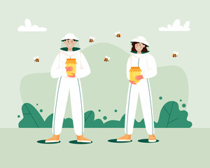 Man and woman in hat and protective uniform hold jars of honey. Beekeeping workers in uniforms.