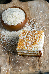 creamy cream and caramel cakes sprinkled with sesame