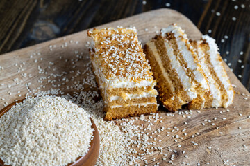 creamy cream and caramel cakes sprinkled with sesame