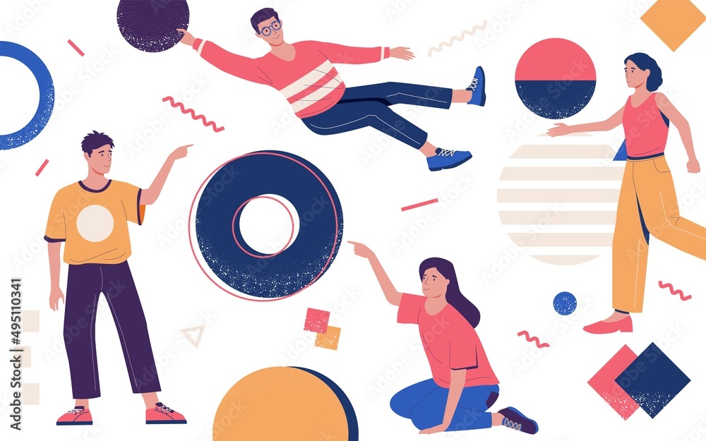 Aufkleber abstract background with people and shapes. people organizing geometric figure. circles and squares.