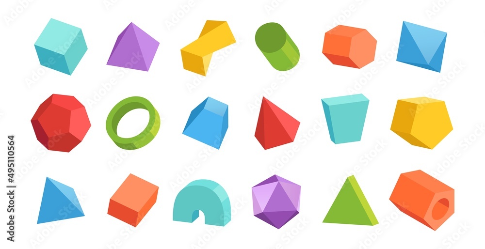 Poster Cartoon geometric figures. 3D abstract shapes. Cylinder and pyramid. Minimal parallelepiped. Triangular and hexagonal prisms. Math and geometry. Vector colorful polygonal forms set