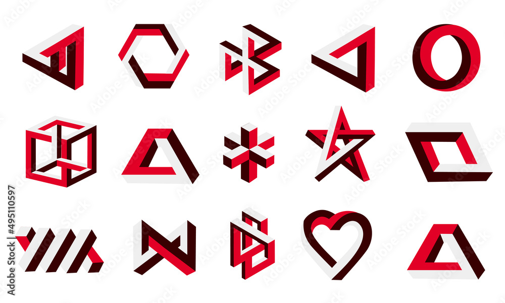 Aufkleber Impossible figures. Optical illusion shapes. Infinite symbols. Visual perception delusion. Looped geometric cubes and triangles. Mathematical trick. Vector isolated unreal forms set