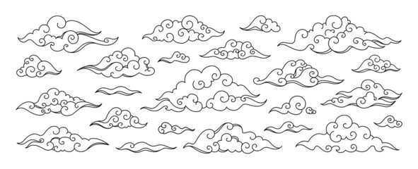 Oriental line clouds. Chinese and Japanese cloudy shapes. Cloudscape elements design for print. Sky precipitation. Stratocumulus and cumulus. Blowing wind. Vector traditional drawing set