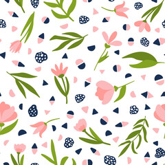 Cute spring flowers with leaves seamless repeat pattern. Random placed, vector botanical and geometrical shapes all over surface print.