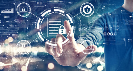 Data protection concept with a man on blurred city background
