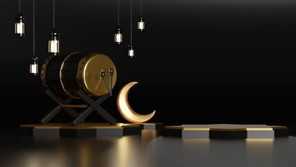 Islamic Background, Lantern, gold crescent moon on white. design concept of ramadan kareem, mawlid, iftar, Isra and miraj or eid al fitr adha, copy space text area, 3D illustration render.
