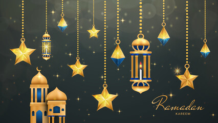 modern Islamic Ramadan Kareem banner background with crescent pattern moon star mosque lantern