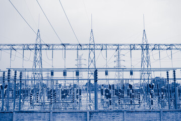 Electrical power station transmission and distribution system in monochrome color tone. Energy,...