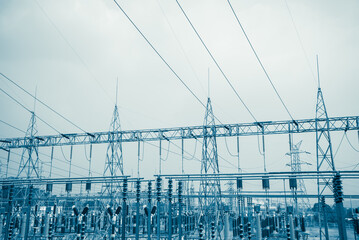 Electrical power station transmission and distribution system in monochrome color tone. Energy,...