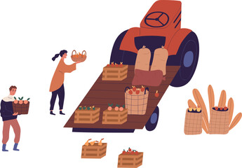 People with Autumn Harvest Cartoon Illustration