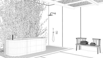 Blueprint project draft, minimalist bathroom, japanese zen style, exterior eco garden with ivy, limestone walls, wooden floor, bamboo ceiling. Bathtub, shower. Modern interior design
