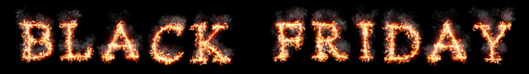 Text black friday burning with fire and smoke, digital art isolated on black background