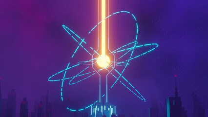 3d render of Cyber punk night city landscape concept. Light glowing on dark scene.  Night life. Technology network for 5g. Beyond generation and futuristic of Sci-Fi Capital city and building scene.