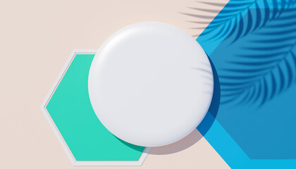 3d render top view of white blank cylinder frame for mock up and display products with shadows of palm leaves, earth tone, and pastel wall background. Creative idea concept. Widow shadow.
