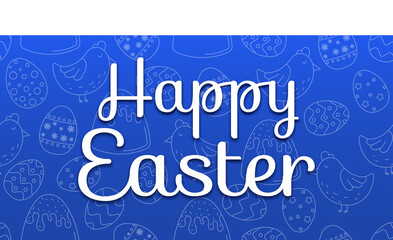 Happy Easter banner. Trendy Easter design with hand drawn typography, eggs, hen, chick on background. Modern minimalist style. Horizontal poster, greeting card, website header