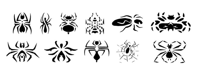 Fototapeta na wymiar A set of painted spiders in the form of a tattoo. Crawling insects. Ornament or decor.
