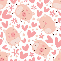 Seamless background with cute pigs and hearts.