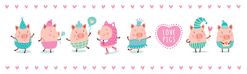 Set of 7 cute cartoon pigs in costumes.