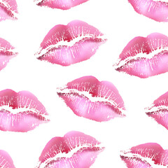 Vector seamless pattern with pink lip imprints isolated on white background.