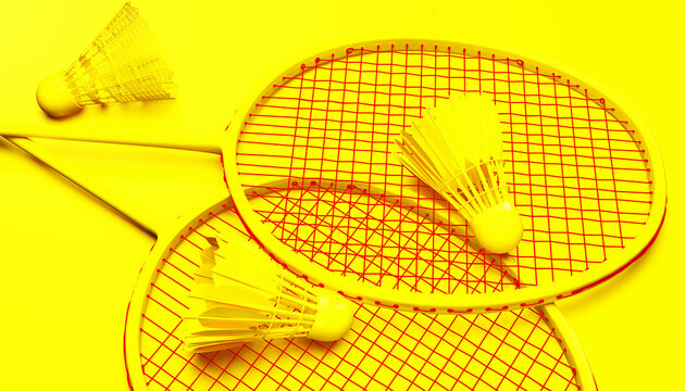 Monochrome bagminton racket, yellow background, 3d rendering, 3d illustration