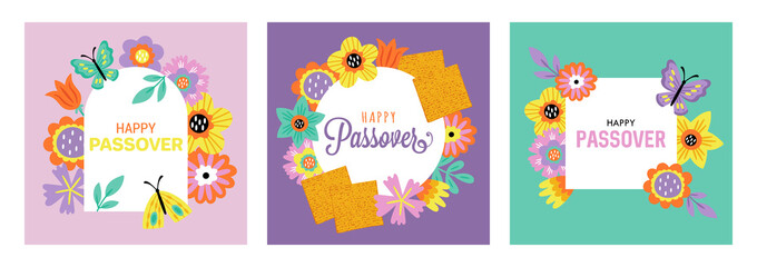 Passover holiday cute greeting card set. Childish print for Pesach cards, poster, banner and background