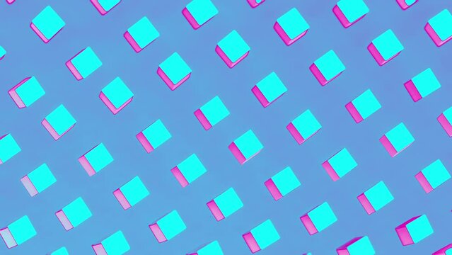group of cartoon cubes rotate synchronously around their axis. abstract looping animation