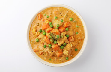 Kerala food -indian food spicy mixed vegetable curry /Mix vegetable kurma - Indian recipe contains Carrots, cauliflower, green peas and beans, baby corn traditional - obrazy, fototapety, plakaty