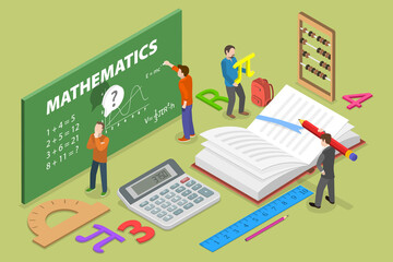 3D Isometric Flat Vector Conceptual Illustration of Mathematics, Math Learning and Knowledge Gaining