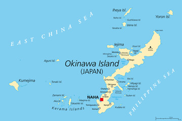 Okinawa Islands, political map. Island group in the Okinawa Prefecture of Japan, in the East China Sea, with the capital Naha. Part of the larger Ryukyu Islands. English labeling. Illustration. Vector - obrazy, fototapety, plakaty