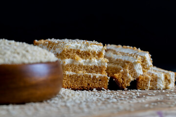 creamy cream and caramel cakes sprinkled with sesame