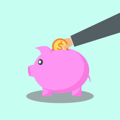 Hand putting dollar coin into piggy bank. savings concept. Vector illustration