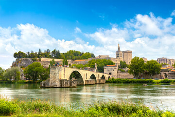 Pont Saint Benezet bridge and Rhone river aerial panoramic view in Avignon, France