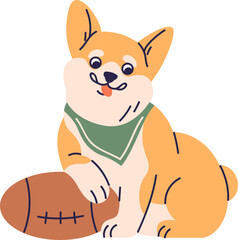 Cute Funny Corgi with Rugby Ball Cartoon Illustration
