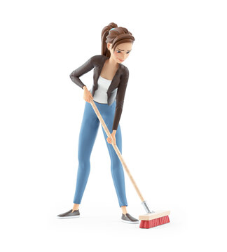 3d cartoon woman pushing a broom