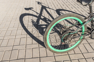 Bicycle wheel in the park close-up