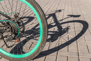 Fototapeta na wymiar Bicycle wheel in the park close-up