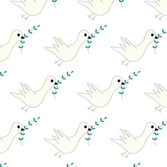 White dove of peace flying with branch. Isolated seamless pattern Line art.  Vector illustration for Earth Day and World Environment Day.