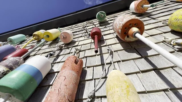 Decorative Lobster Buoys on Shingled Wall