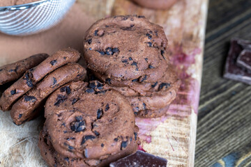 sweet crispy dessert of chocolate cookies with chocolate