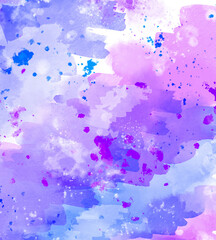 Purple and blue watercolor zigzag traces and splashes on a white background. Watercolor abstract background.