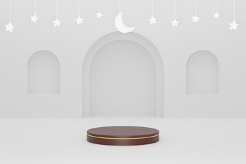 3d podium in ramadan white ornament islamic background with stars and crescent white color 3d illustration rendering for flyer design, banner, poster and etc