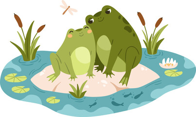 Cute Frog Couple Childish Cartoon Illustration