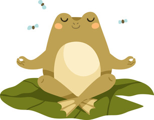 Cute Frog Meditating Childish Cartoon Illustration - obrazy, fototapety, plakaty