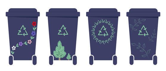 Set disposal container Trash cans decorated with flower garland, trees and branches Beautiful planet concept. Waste recycling Waste sorting 