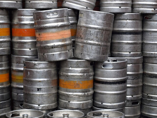 Stacked beer kegs