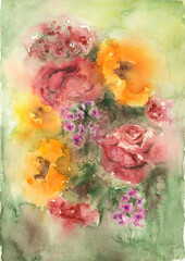 Beautiful bouquet of flowers with leaves on blurred background. Watercolor painting. Hand painted illustration.