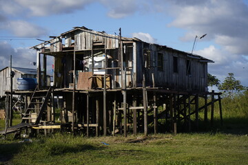 Wooden houses built on high stilts called in Portuguese palafitas, Cacao Pirêra, Amazon, Brazil