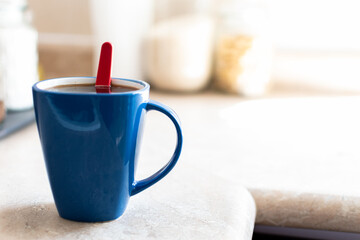 Blue cup, coffee in the morning. Breakfast concept.